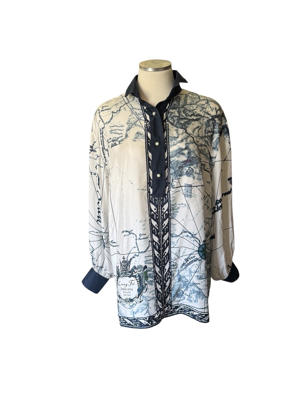 Zang Toi Ivory and Navy Map-Print Button Front Shirt Jacket